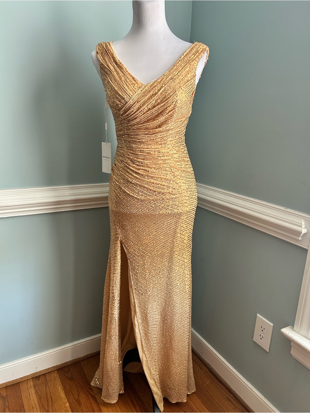 Gold Sequin Ruched V-Neck Prom Gown